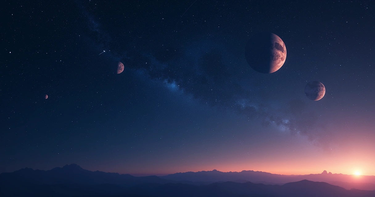 Céu estrelado com destaque para planetas em rota contrária, traçando um caminho invertido em relação às estrelas. 