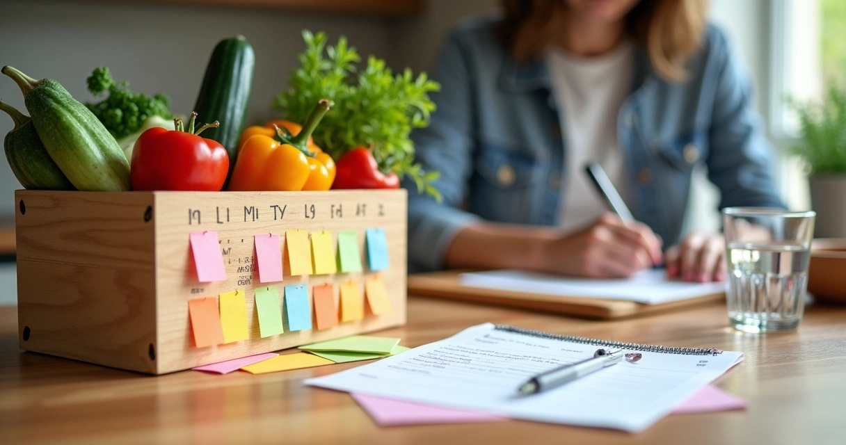 Mesa con caja de verduras, calendario y lista de compras 