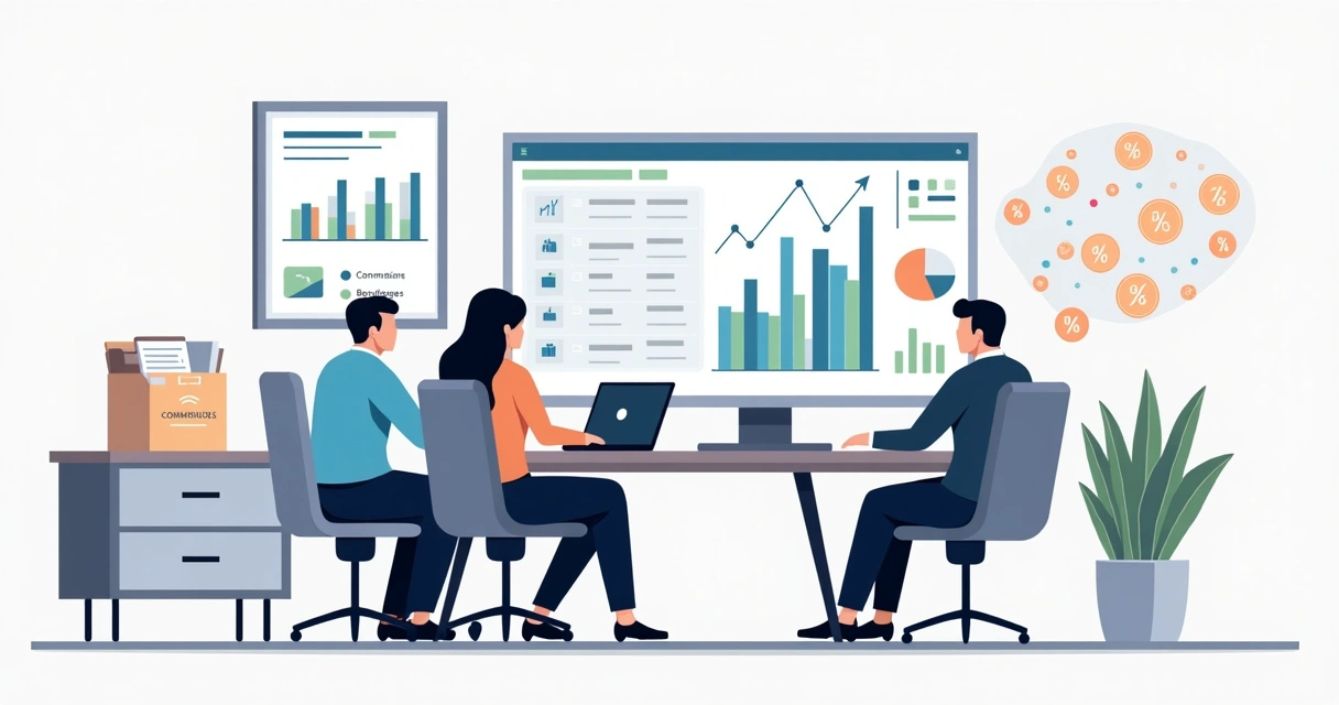 Equipo de recursos humanos analizando comisiones y sueldos variables en una oficina moderna 