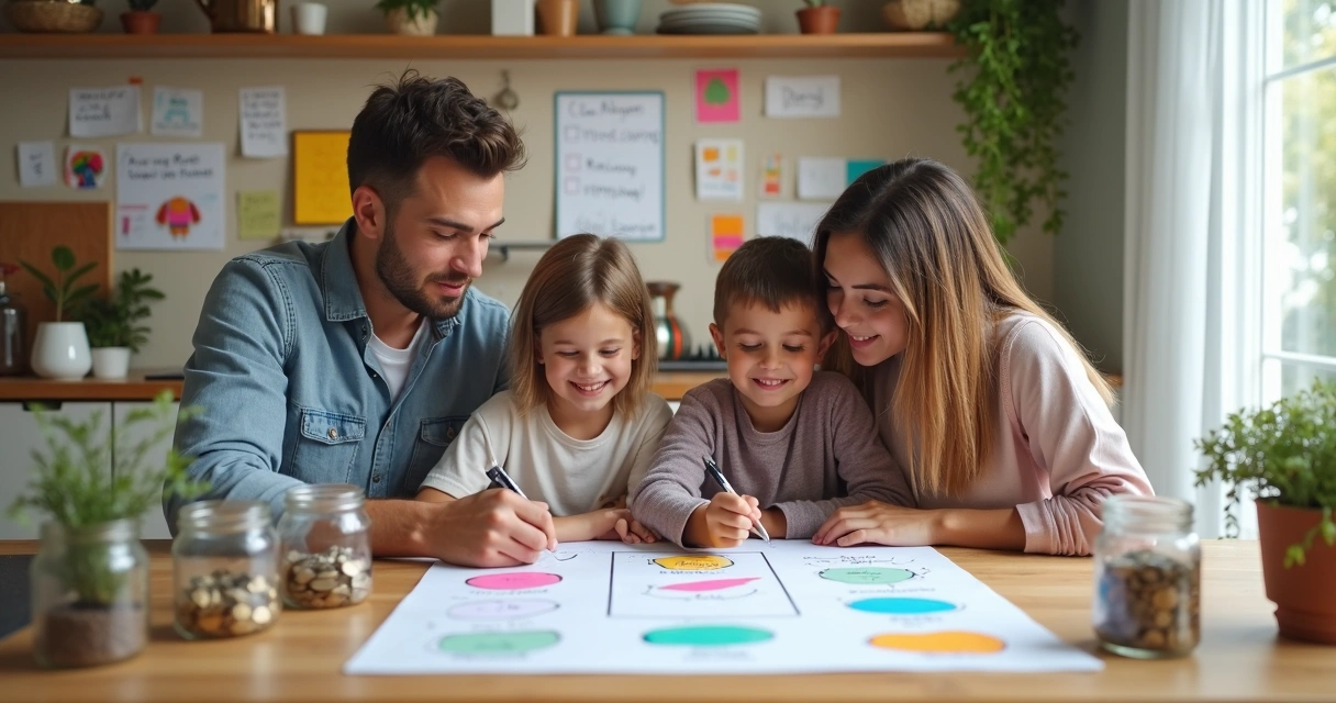 Padres e hijos planeando sus finanzas en el hogar 
