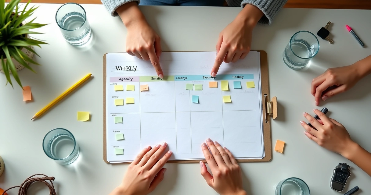 Mesa con agenda semanal y tareas familiares organizadas 