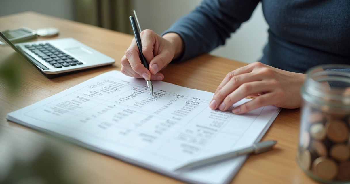 Persona revisando presupuesto y ahorros en una mesa con calculadora y libreta