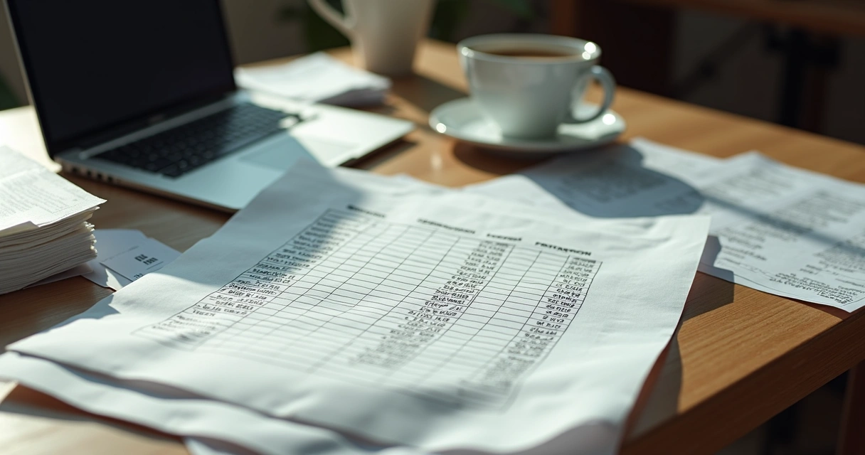 Planilha de finanças abandonada ao lado de computador e recibos 