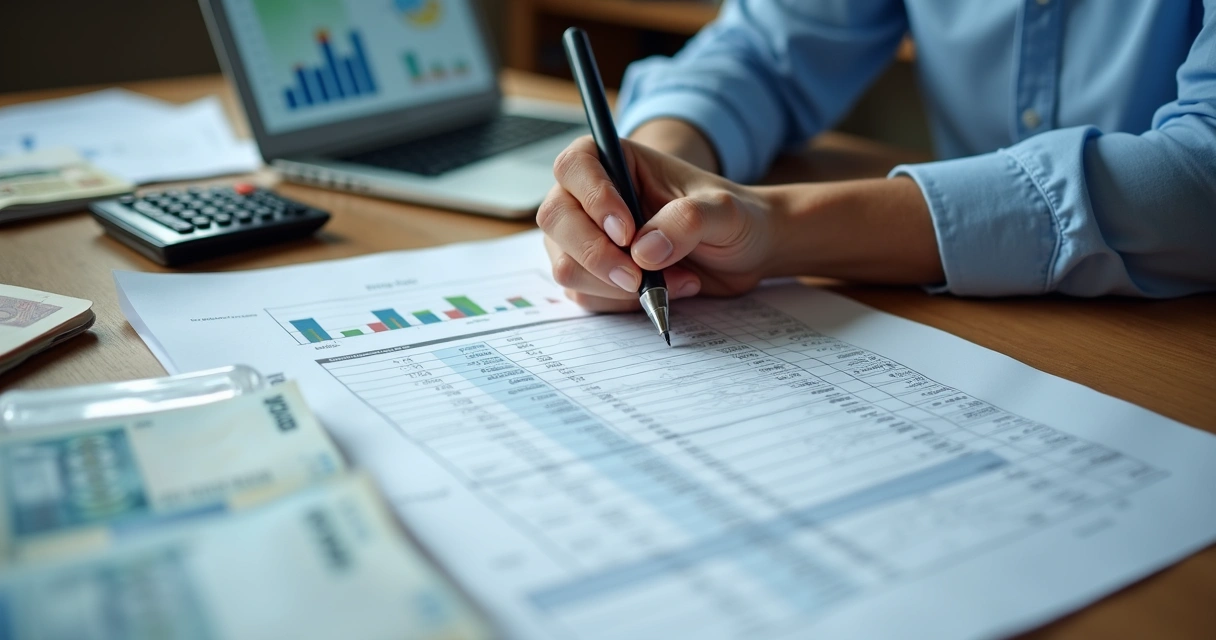 Pessoa analisando planilha de tributos com notas fiscais 