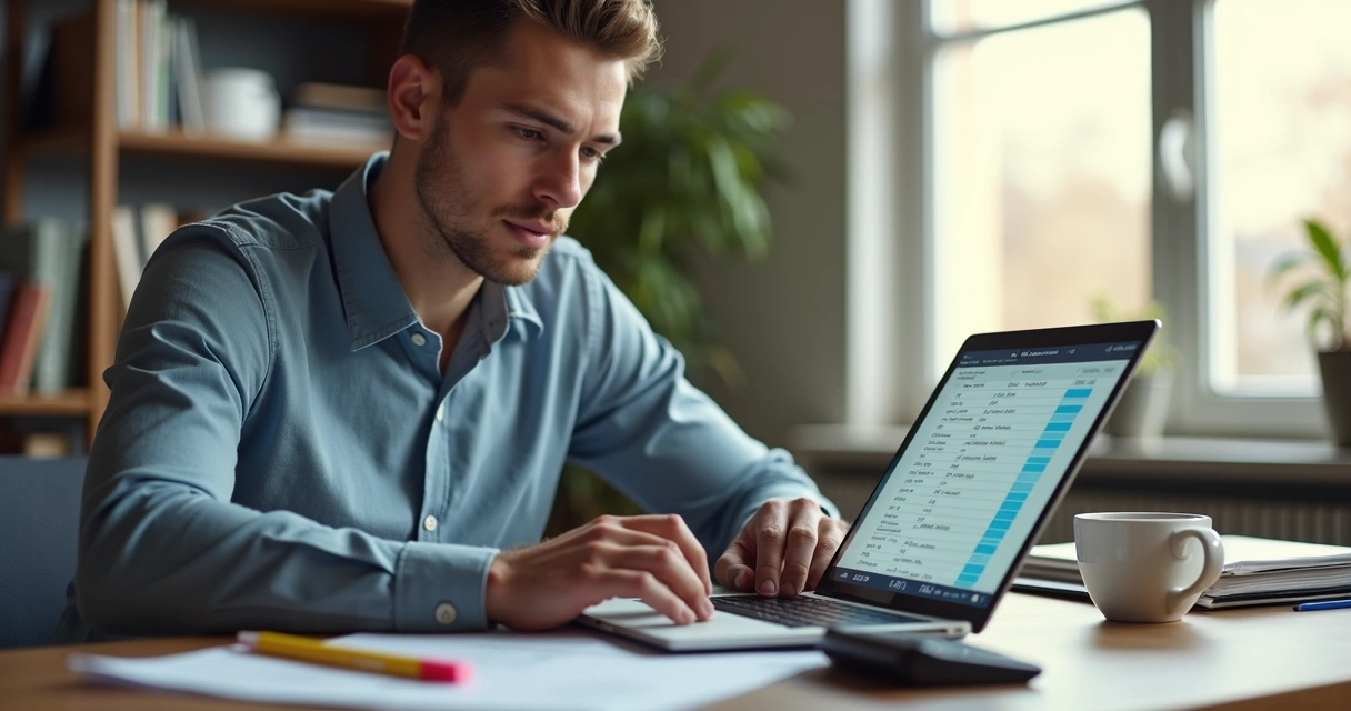 Homem analisando planilha financeira em notebook na mesa de escritório