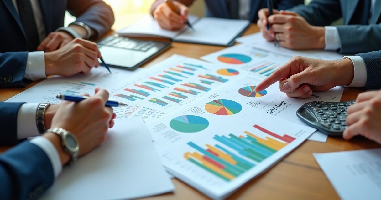Planilha financeira com números e gráficos sobre mesa de reunião 