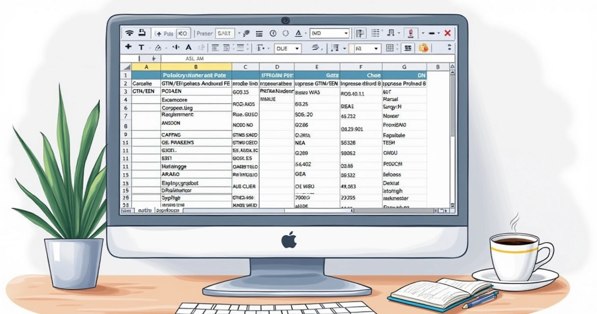 Planilha Excel preenchida com diversos códigos GTIN/EAN para atualização em marketplace 