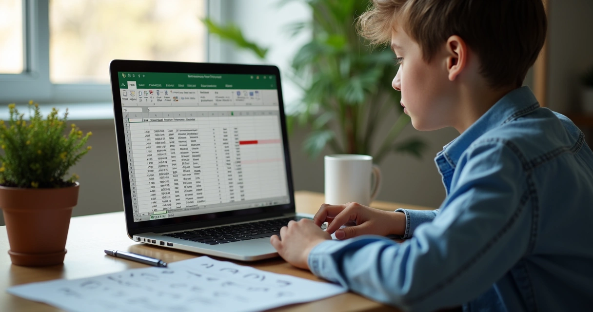 Pessoa estudando planilha de Excel em notebook com materiais de apoio 