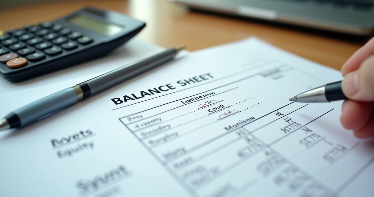Planilha de balanço patrimonial simplificado preenchida à mão e calculadora ao lado 