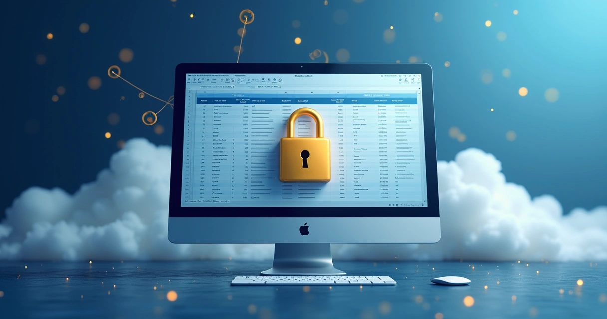 Planilha aberta com cadeado e ícone de nuvem ao fundo 