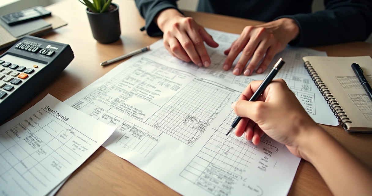 Planilha de cálculo de comissão manual em uma mesa de trabalho 