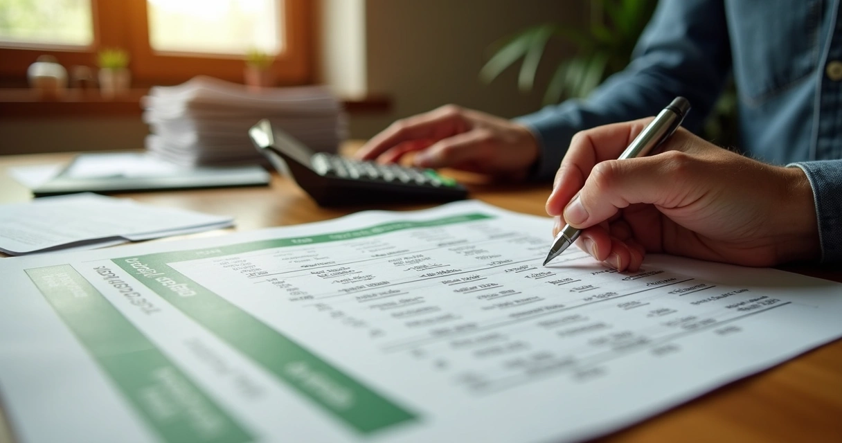 Mão escrevendo em planilha de custos agrícolas em mesa de escritório