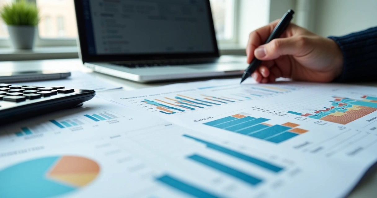 Planilha financeira aberta sobre mesa de escritório, calculadora ao lado, papéis e gráficos contábeis ao fundo 