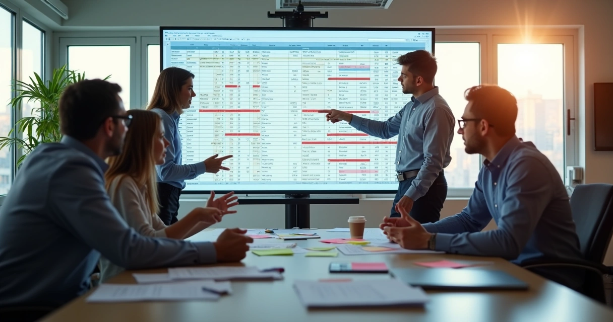 Equipe preocupada diante de grande monitor exibindo planilha confusa 