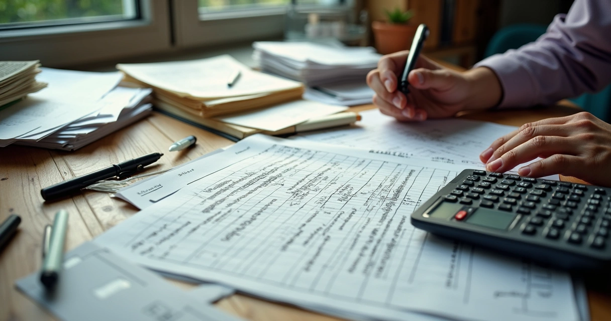 Planilha de Excel aberta com diversas colunas desorganizadas, anotações à mão e folhas sobrepostas 