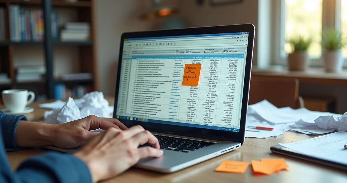 Mesa de escritório com planilha aberta no computador mostrando dados desorganizados e vários papéis amassados ao redor 
