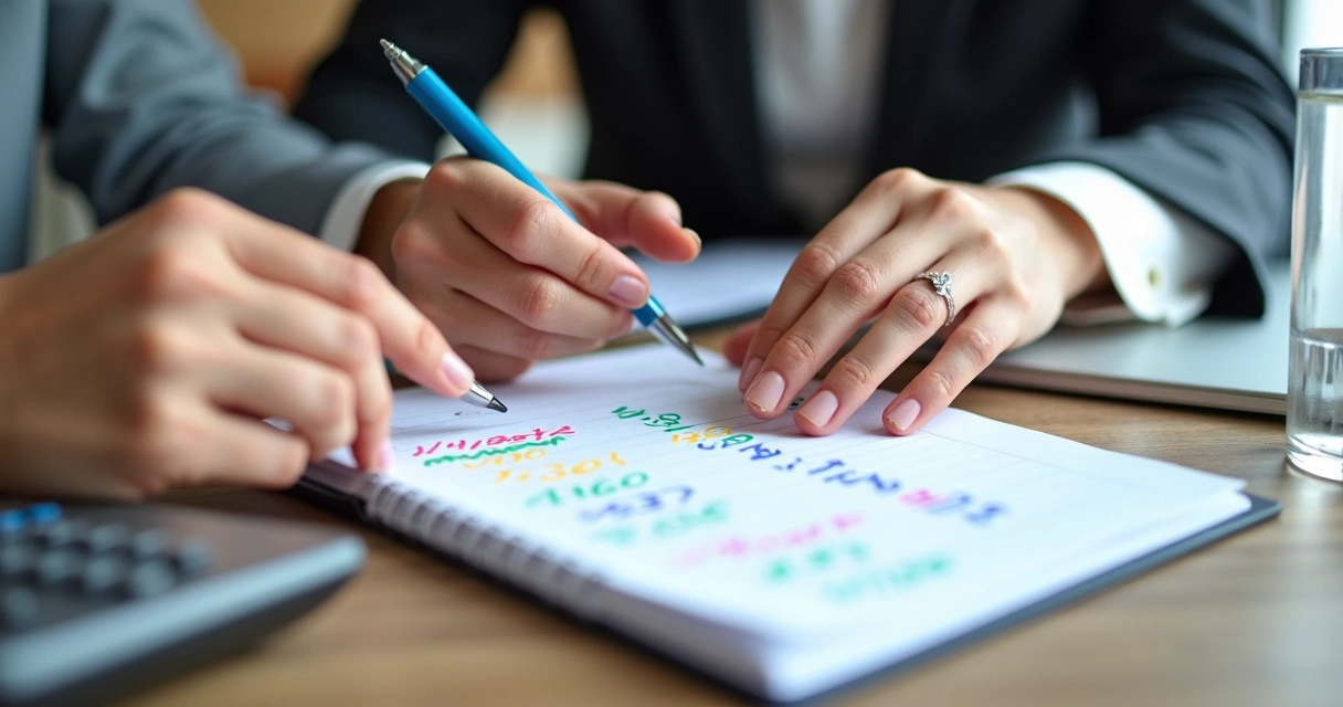 Guia prático para dividir despesas e evitar conflitos no casal 2 Caderno com anotações de orçamento e duas mãos apontando para valores