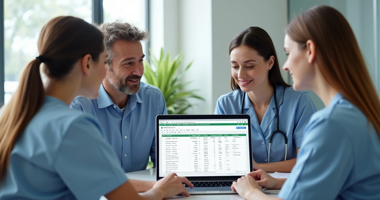 Equipe de clínica odontológica analisando uma planilha centralizada na tela de um notebook 