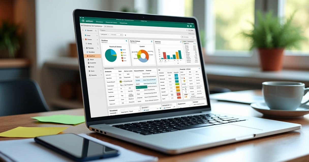 Planilha digital de ciclo de vendas aberta em laptop com gráficos coloridos 