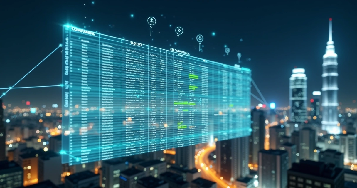 Planilha de clientes B2B em Excel projetada sobre cidade empresarial 