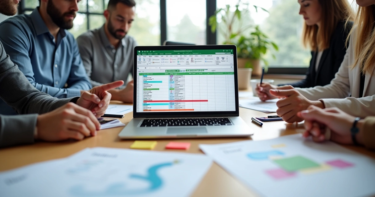 Equipe B2B organizando planilha de clientes em Excel em mesa colaborativa 