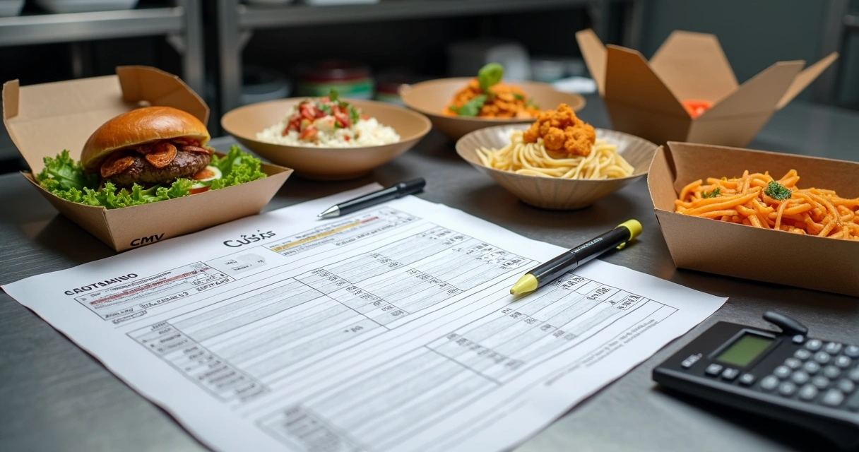Planilha de CMV com pratos de delivery e calculadora sobre a bancada 