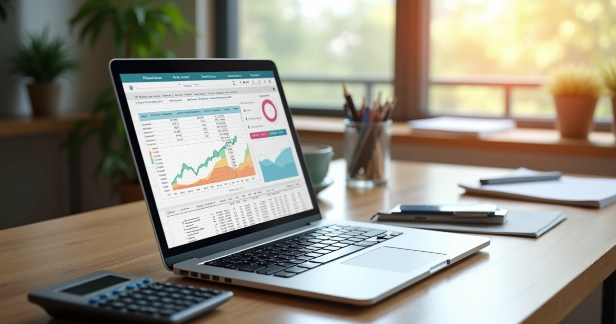 Mesa de madeira com laptop aberto mostrando planilha financeira detalhada e calculadora ao lado 