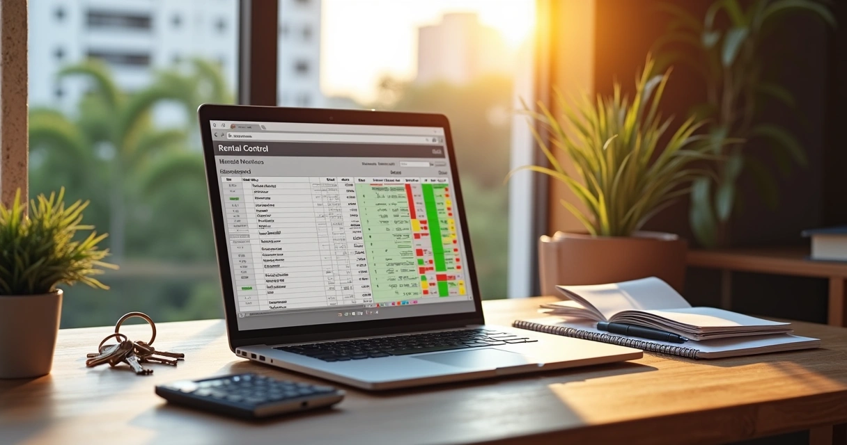 Planilha de controle de aluguéis em notebook aberto em mesa de home office organizado 