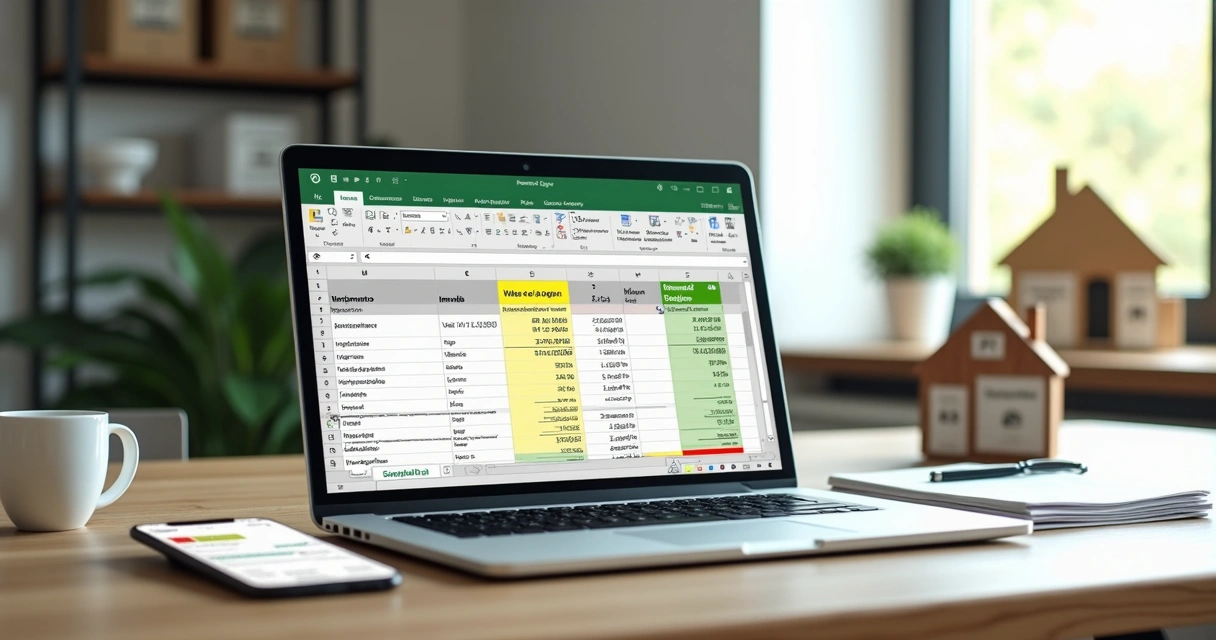 Tela de notebook com planilha de controle de aluguel no Excel e ícones de imóveis ao fundo 