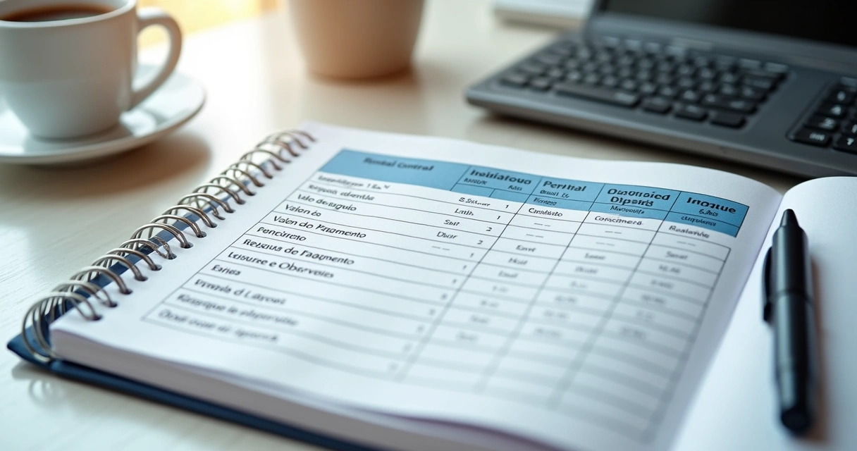 Exemplo visual de uma planilha de aluguel em tela de notebook com campos destacados