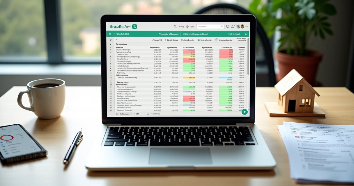 Tela de notebook exibindo planilha de controle de aluguel de imóveis ao lado de contrato e miniatura de casa 