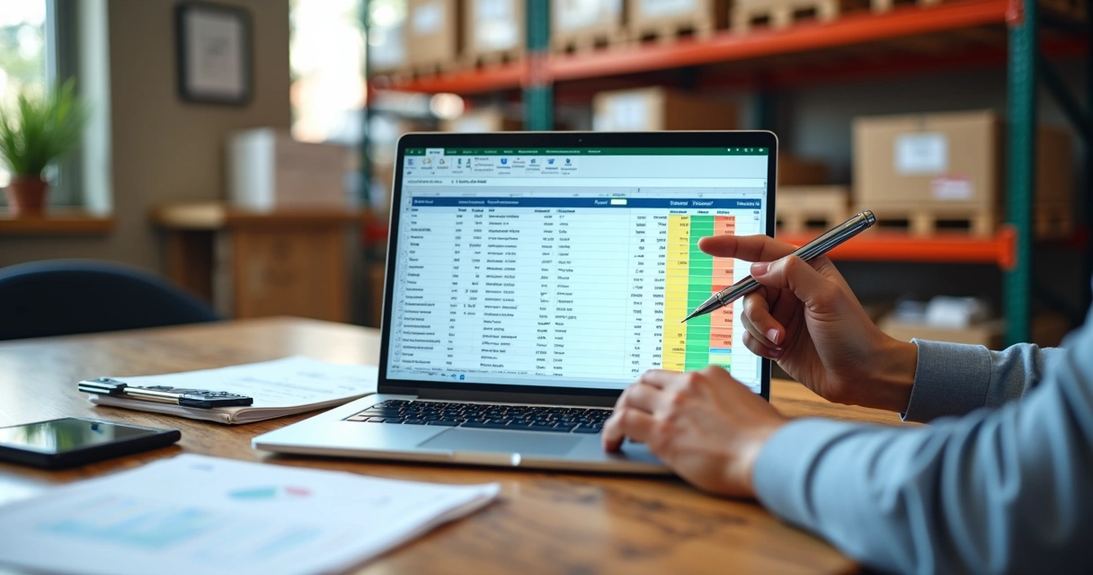 Empresário analisando planilha de controle de estoque no notebook em escritório pequeno 