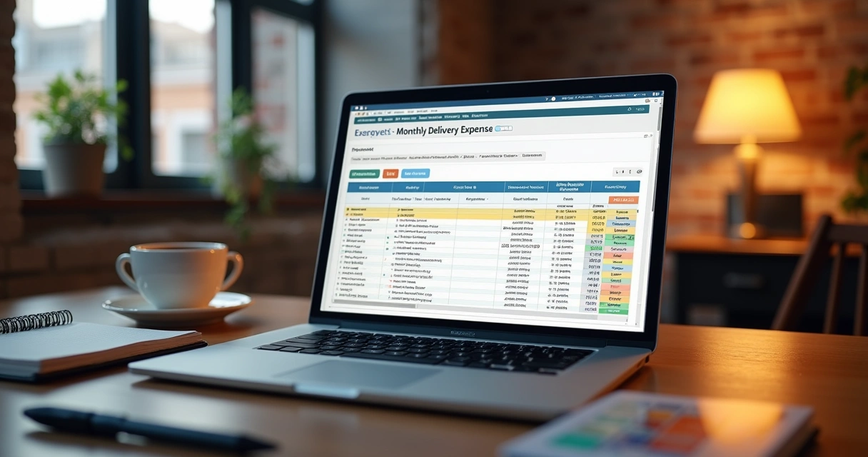 Planilha de controle de gastos com delivery aberta em notebook