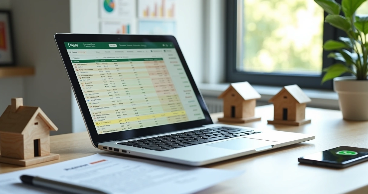 Tela de notebook com planilha de controle de locação de imóveis ao lado de miniaturas de prédios 