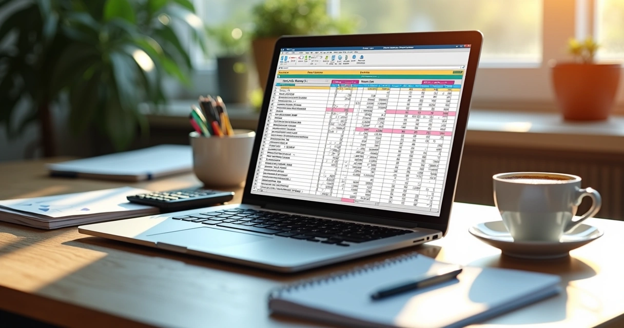 Planilha de controle de produtos preenchida com dados em notebook sobre mesa 
