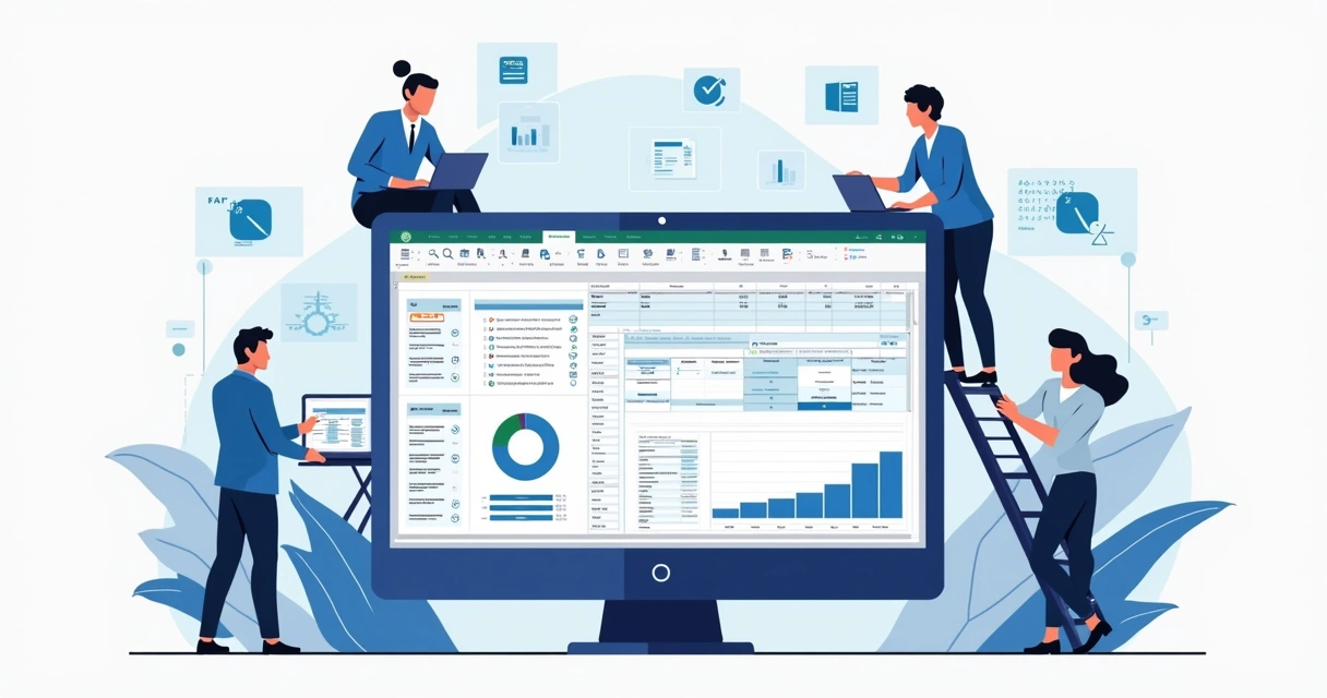 Ilustração corporativa plana de uma planilha Excel sendo utilizada para controle de tarefas de um squad ágil em um SaaS, com fórmulas visíveis, gráficos simples e equipe colaborando ao fundo 