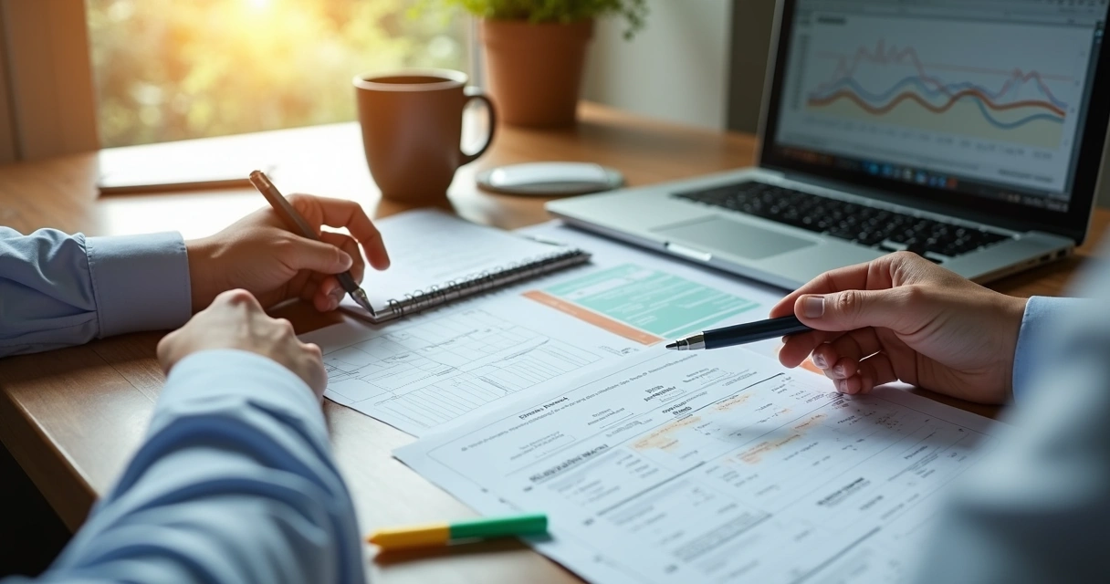 Análise de planilha e CRM juntos em uma mesa, computador, papéis e caneta 