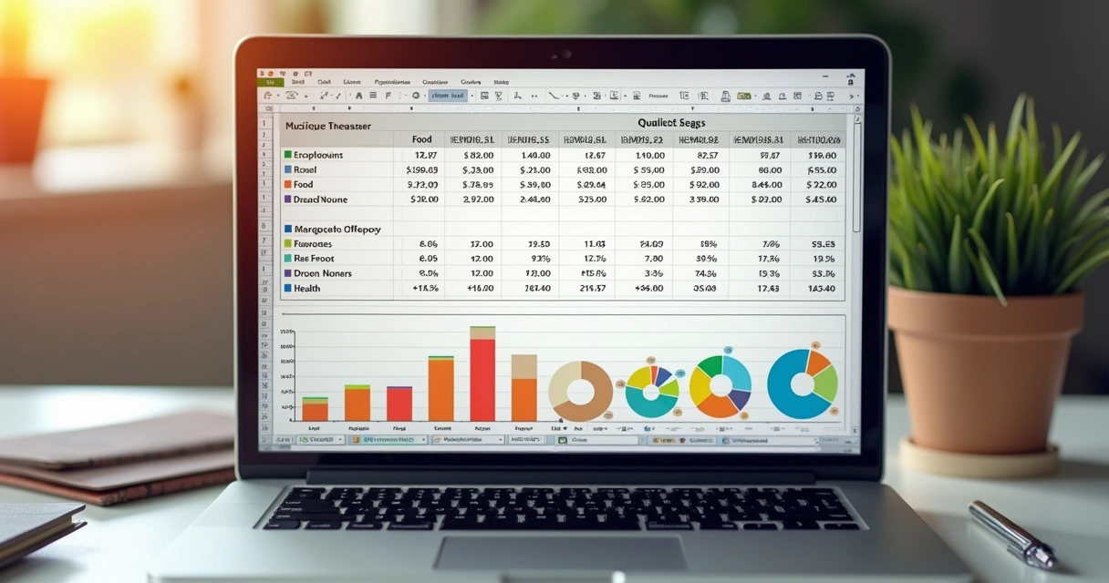 Planilha digital com categorias de gastos e gráficos financeiros 