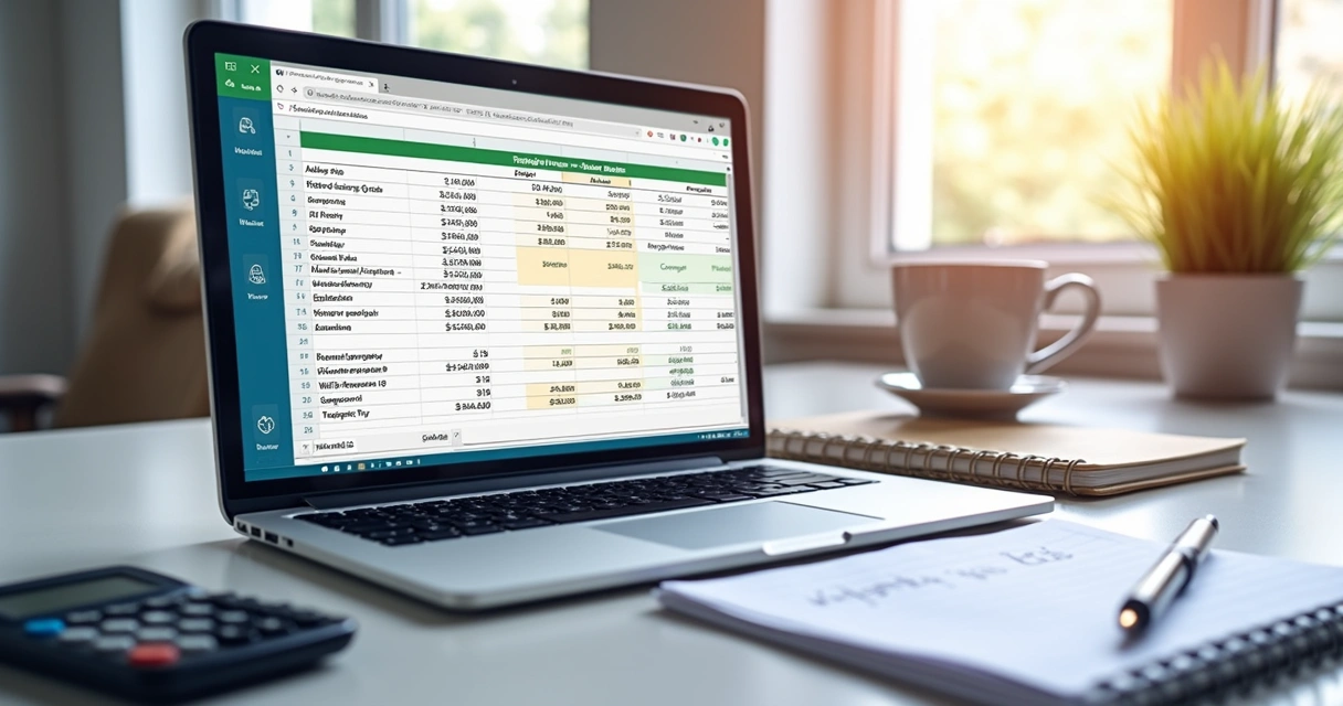 Planilha digital de custos exibida em tela de notebook com calculadora ao lado.