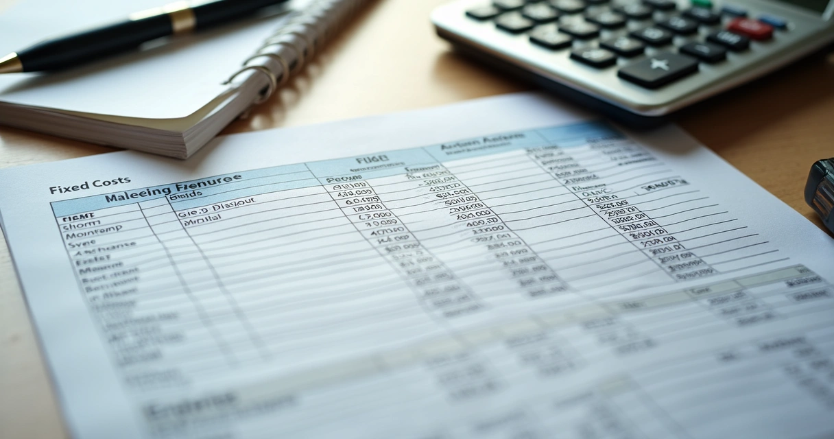 Planilha com custos fixos detalhados ao lado de notas fiscais e calculadora 