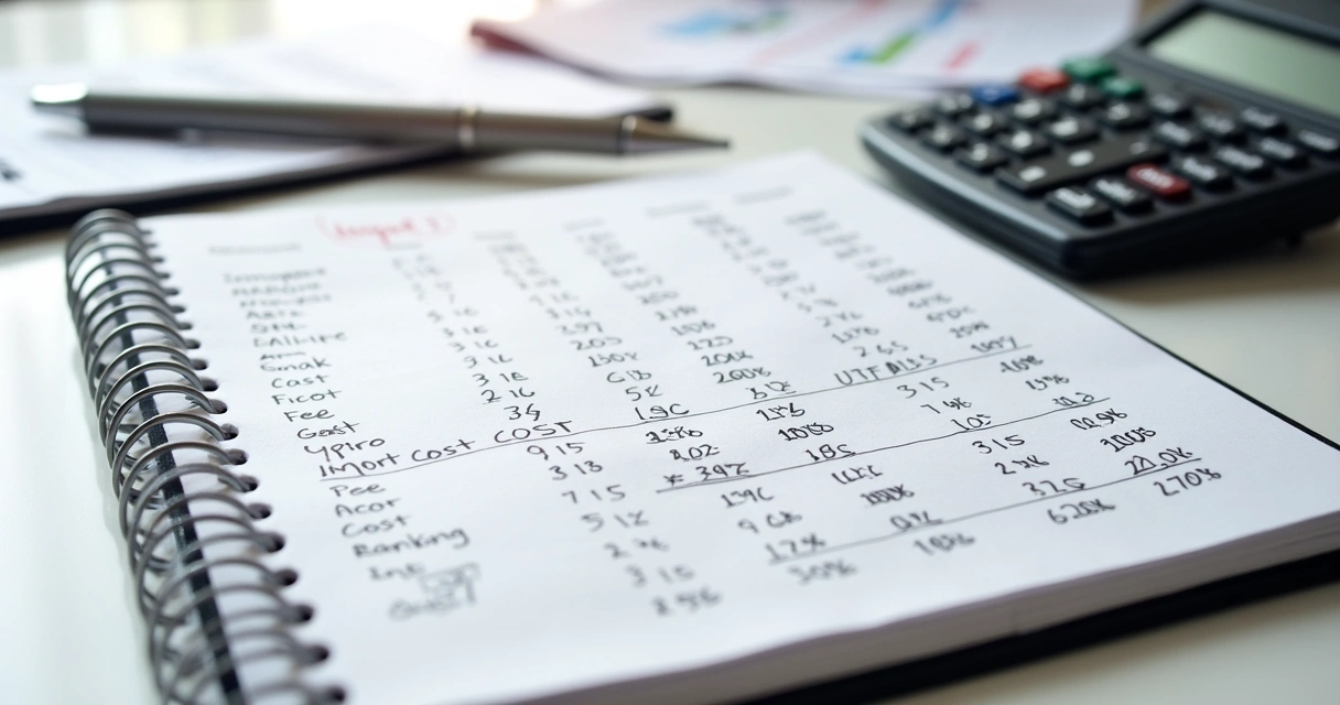 Planilha com cálculos de custos de importação, caneta e calculadora ao lado 