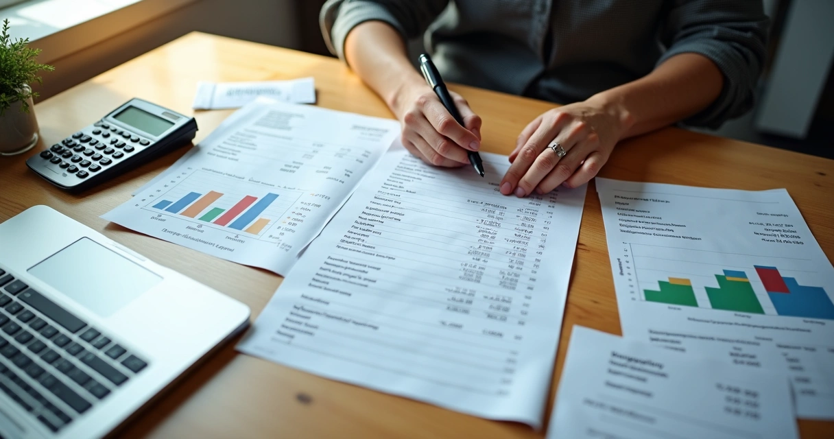 Pessoa analisando planilhas de custos de produção numa mesa de escritório 