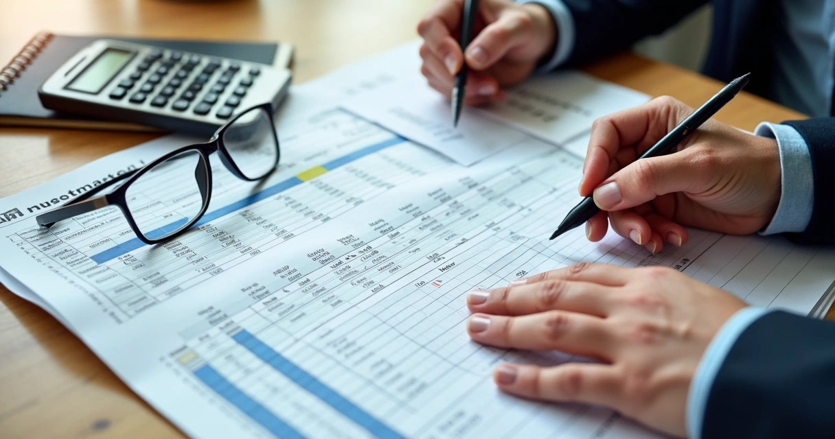 Pessoa analisando uma planilha de investimentos detalhada com gráficos e pequenas anotações de taxas ocultas 