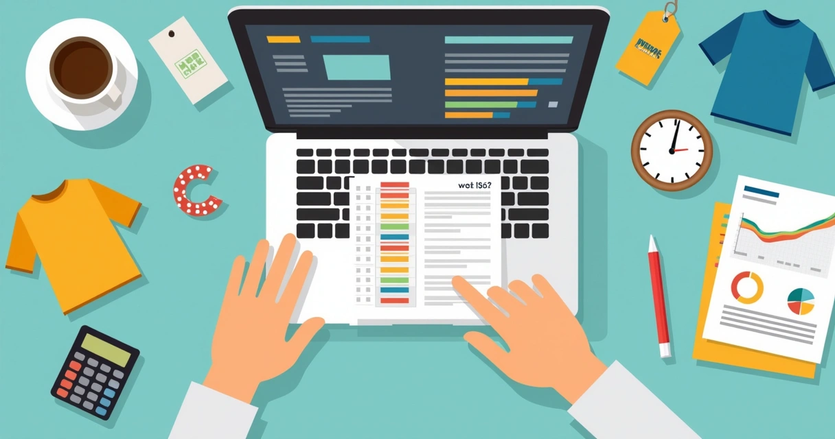 Pessoa preenchendo uma planilha de custos com elementos de camisetas ao redor 