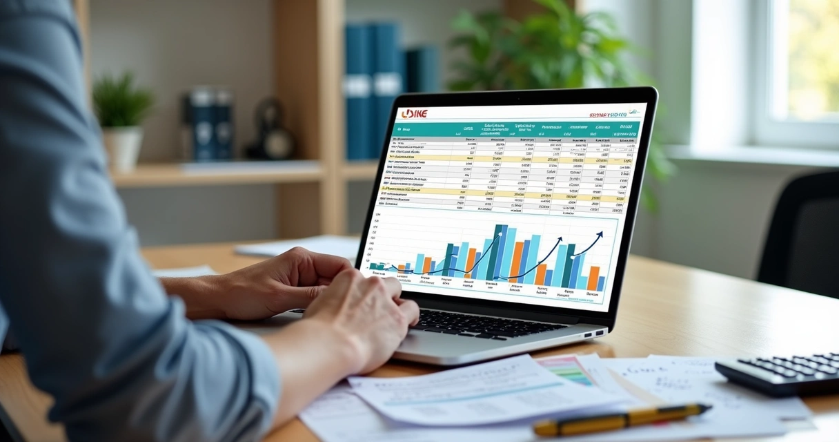 Empreendedor analisando planilha de DRE em notebook com gráficos financeiros na tela 