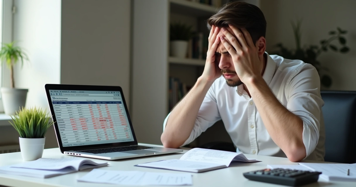 Pessoa frustrada vendo erro em planilha de despesas