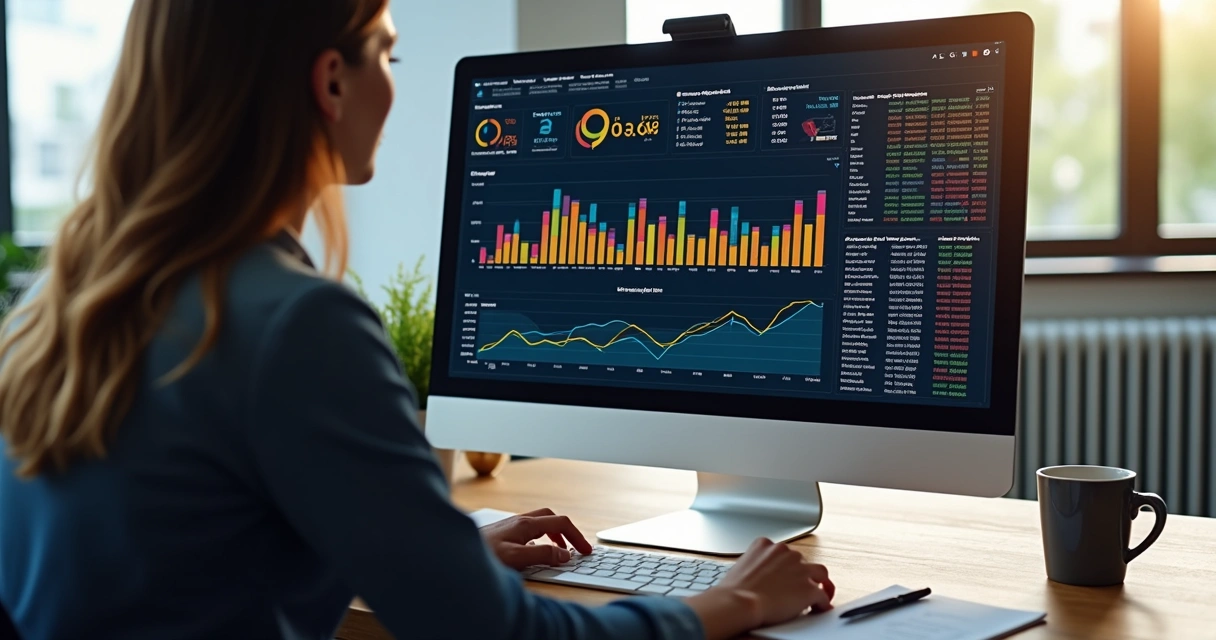 Pessoa analisando gráficos financeiros e planilha de estoque na tela do computador 