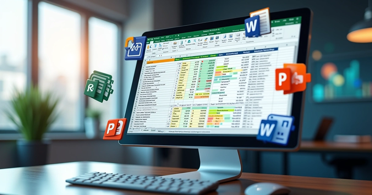 Planilha Excel 3D com gráficos, fórmulas e código VBA mostrando automação e análise de dados corporativos 