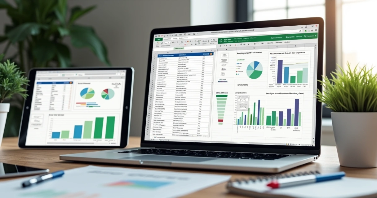 Tela de notebook com planilha de clientes B2B em Excel e gráficos de vendas ao fundo 