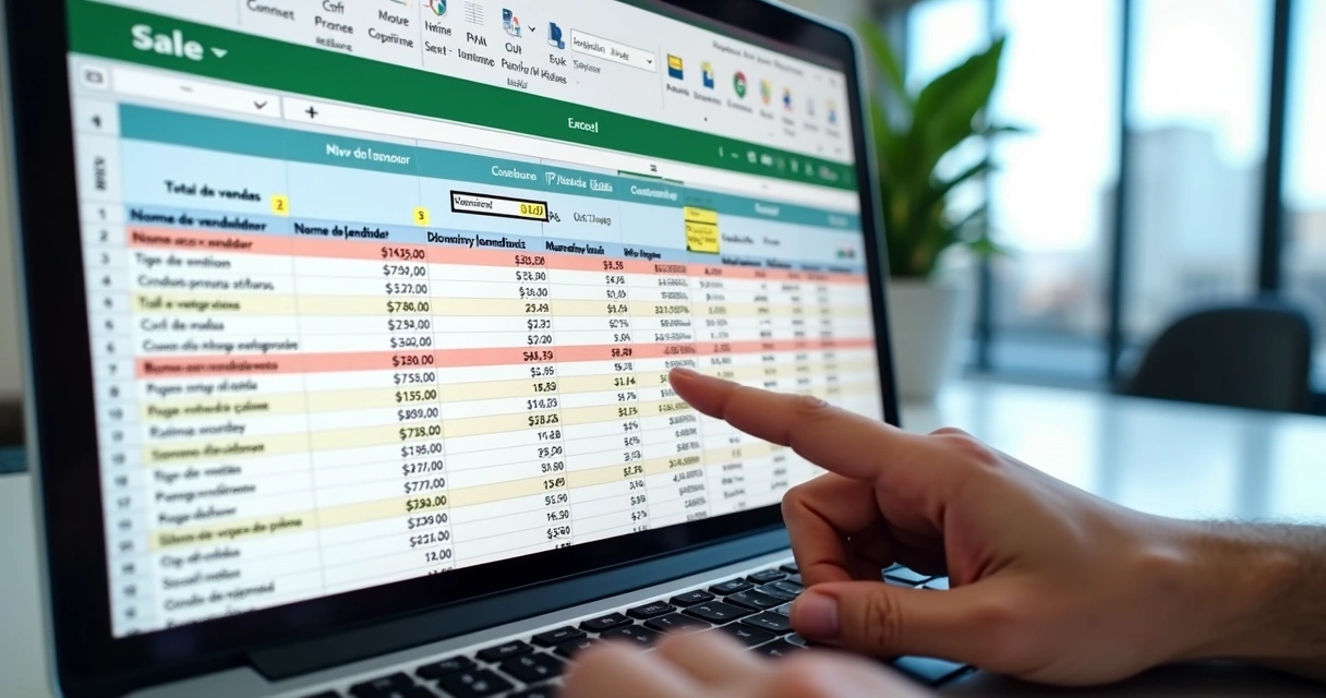 Planilha de Excel com tabela de vendas, colunas coloridas e dados em destaque 